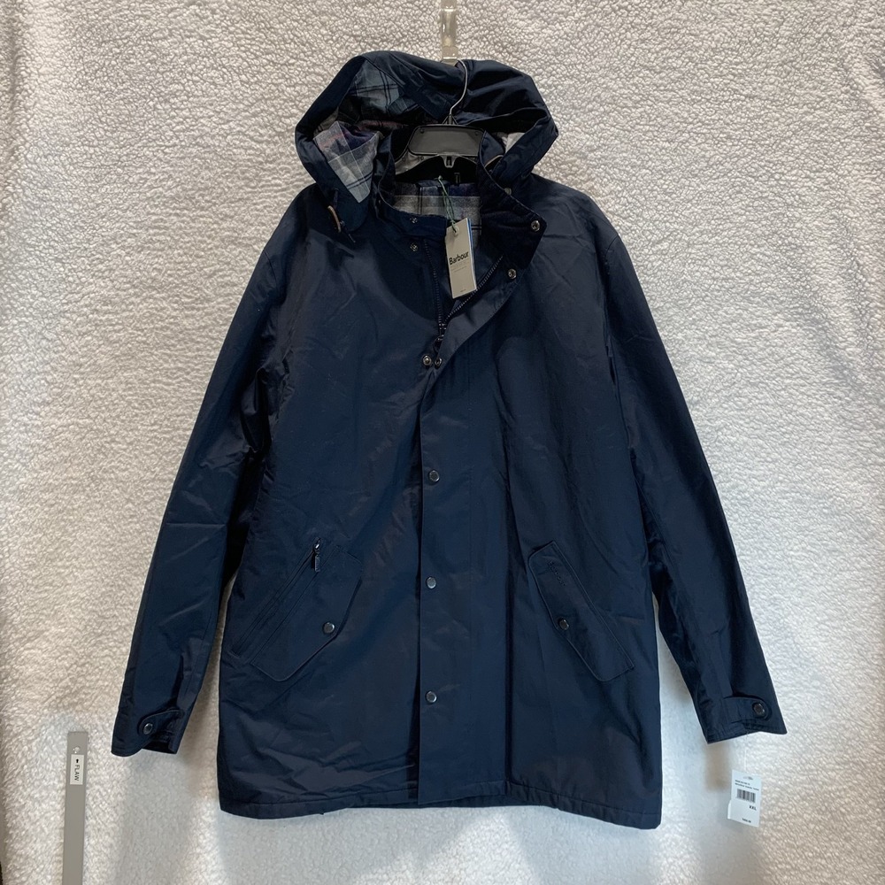 Barbour Men's Coat Jacket Chelsea Waterproof Quilted Tartan Plaid Navy XXL‎ Hood